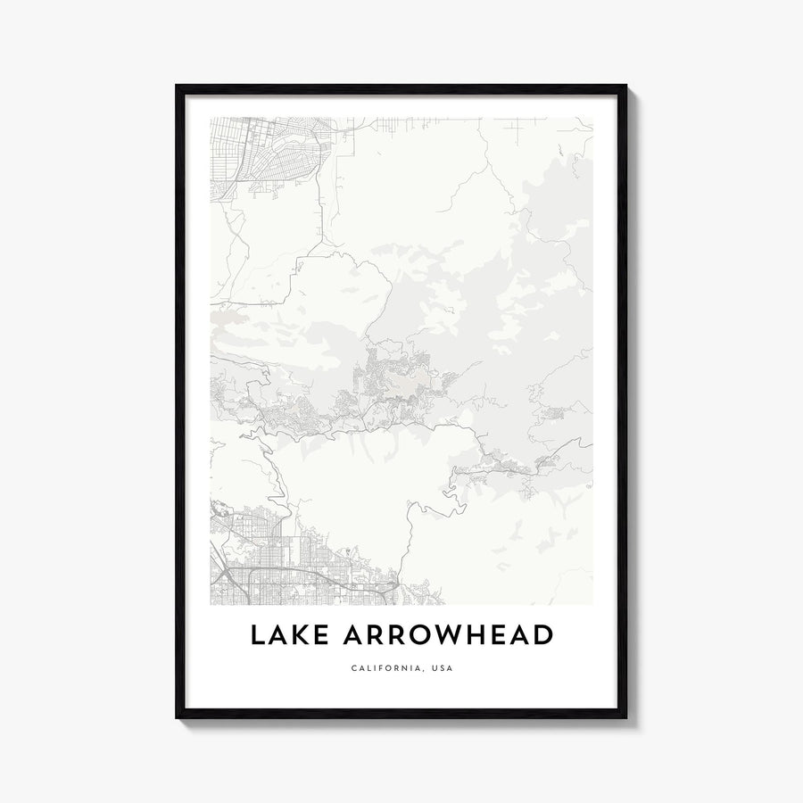 Lake Arrowhead black & white map poster of California, USA – vertical wall art, unframed print shown in interior mockup