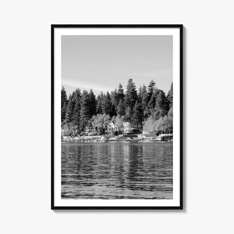 Lake Arrowhead black & white photo poster of California, USA – vertical wall art, unframed print shown in interior mockup
