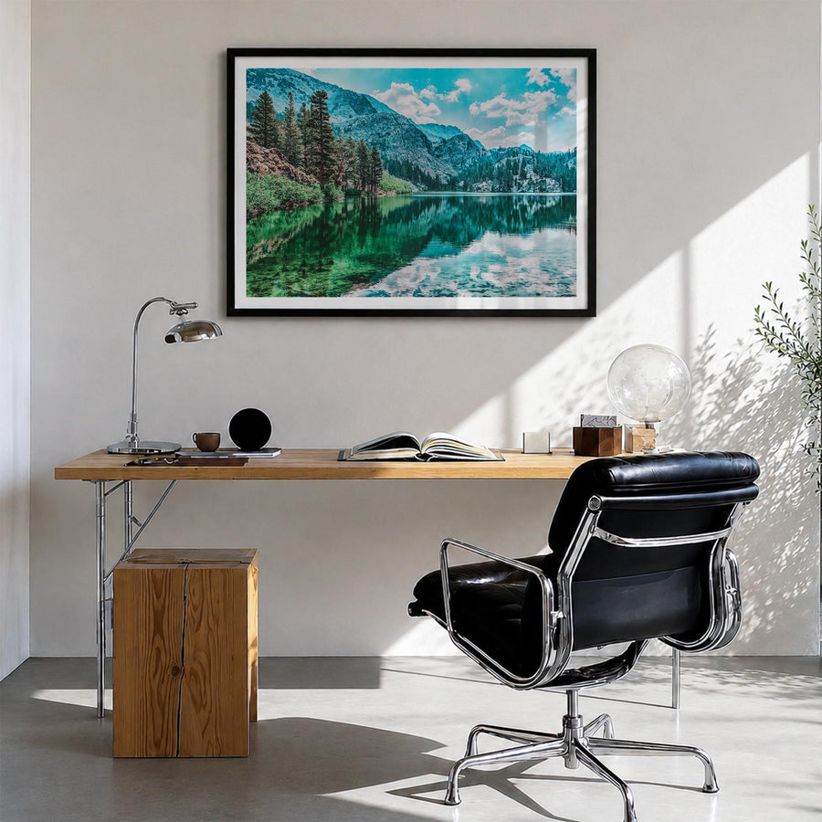 Lake Arrowhead colorful photo poster of California, USA – horizontal wall art in black wood frame with white border, hanging 