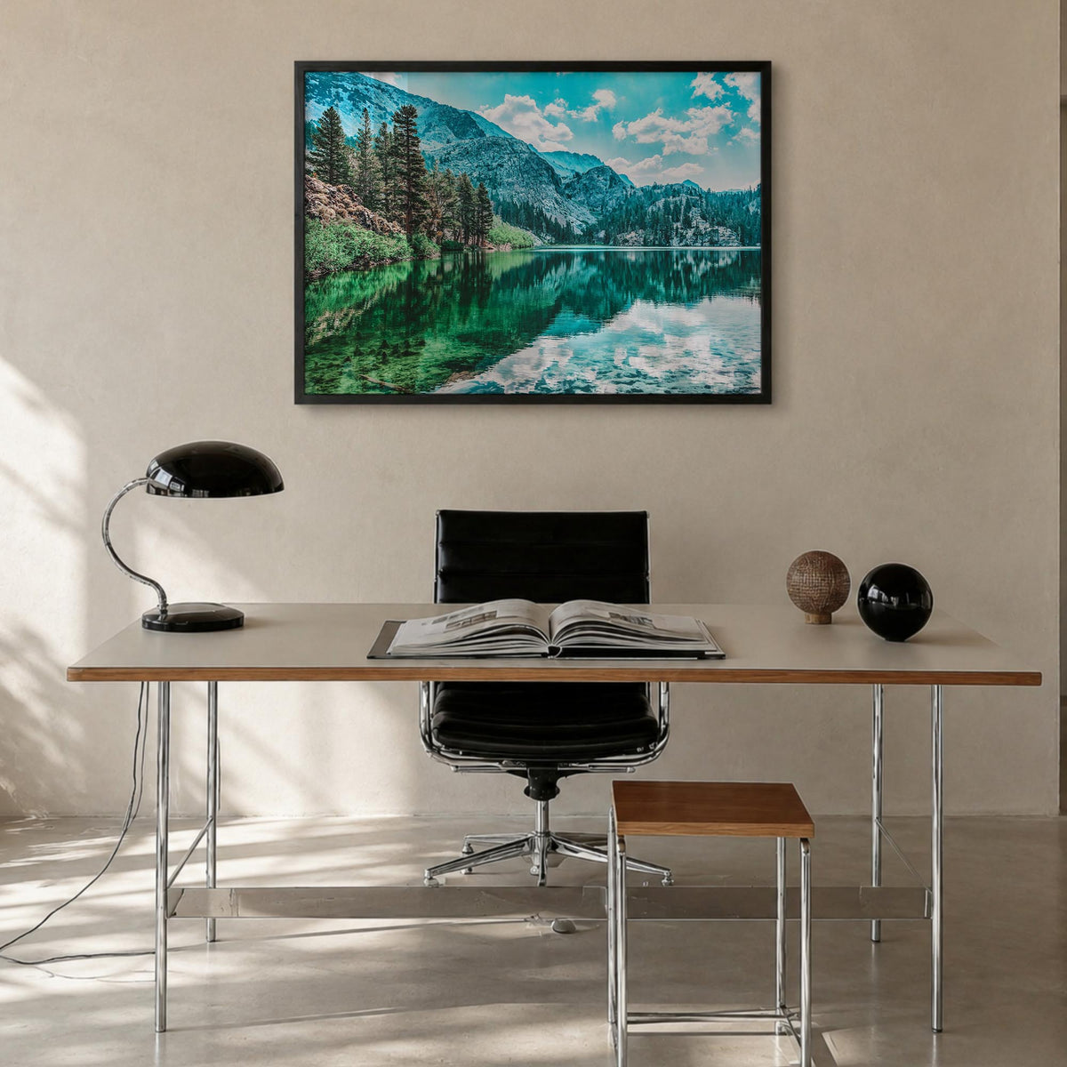 Lake Arrowhead colorful photo poster of California, USA – horizontal wall art in black wood frame, hanging on wall