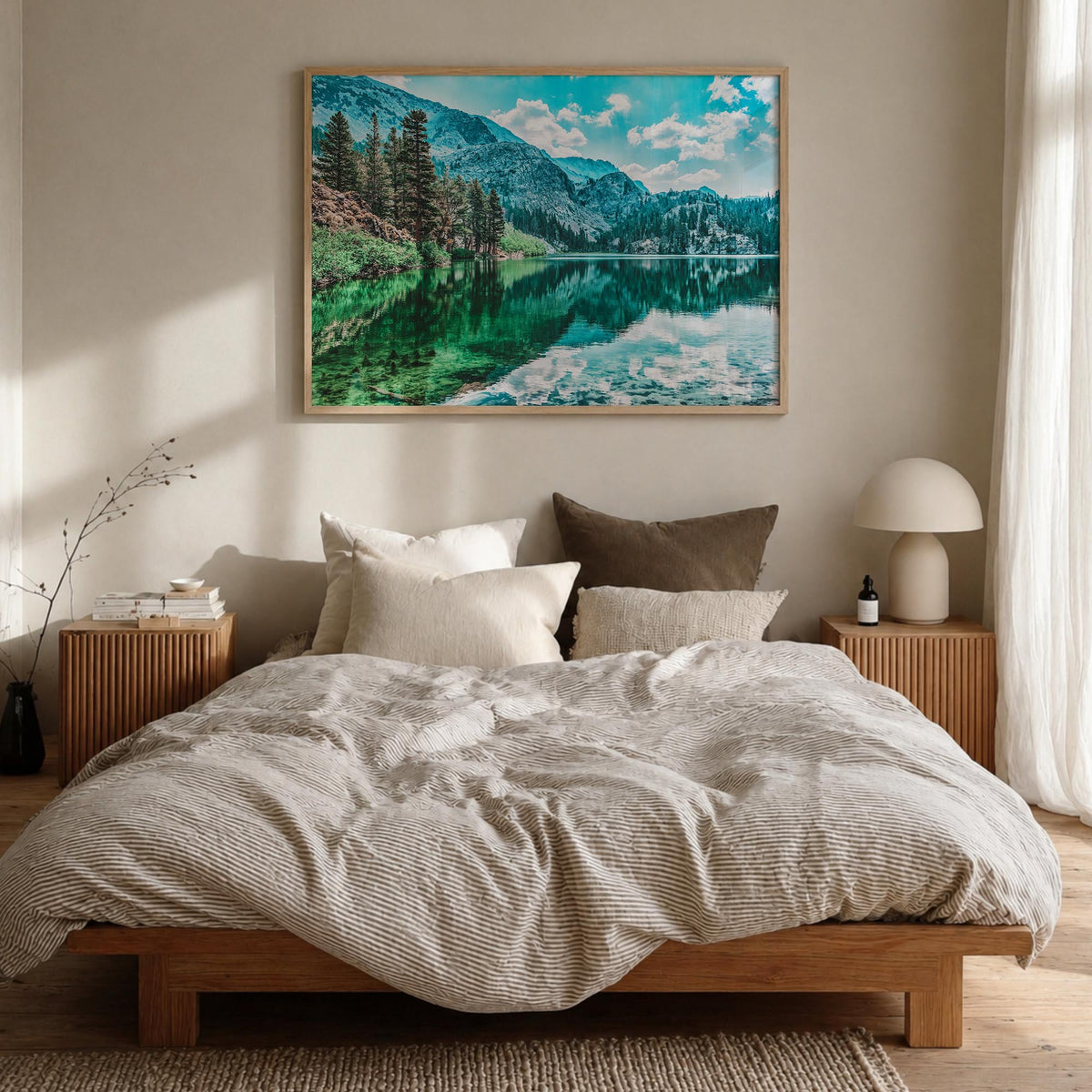 Lake Arrowhead colorful photo poster of California, USA – horizontal wall art in natural wood frame, hanging on wall