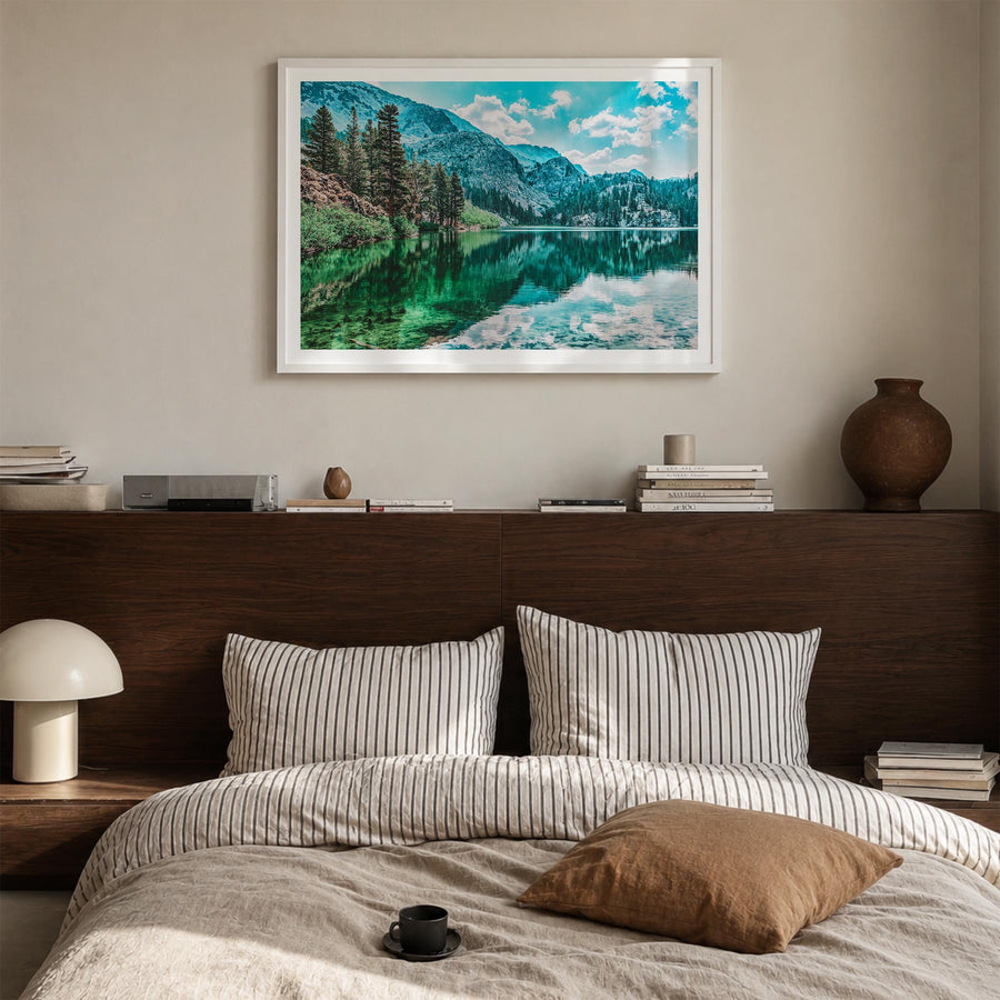 Lake Arrowhead colorful photo poster of California, USA – horizontal wall art in white wood frame with white border, hanging 