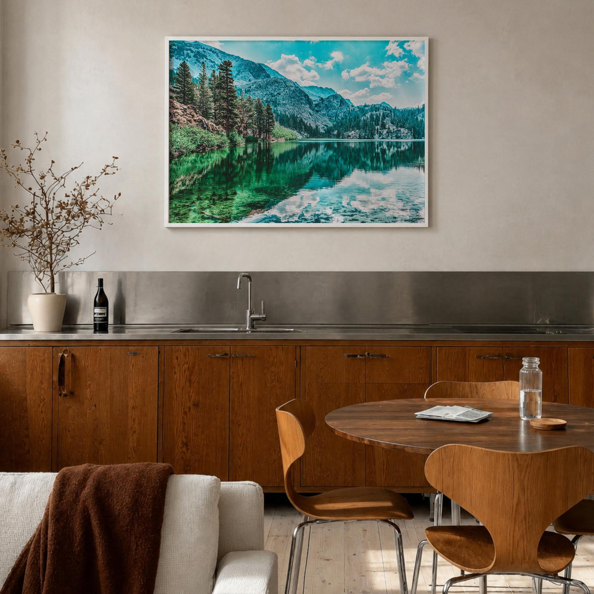 Lake Arrowhead colorful photo poster of California, USA – horizontal wall art in white wood frame, hanging on wall