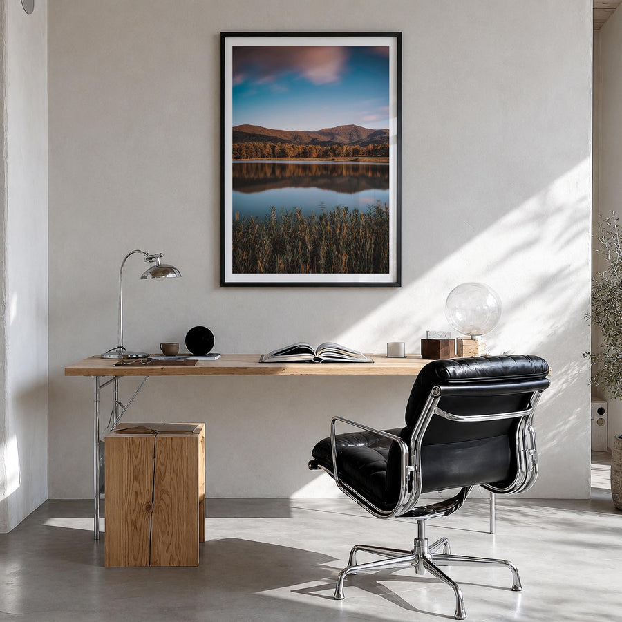 Lake Arrowhead no. 1 colorful photo poster of California, USA – vertical wall art in black wood frame with white border, hang
