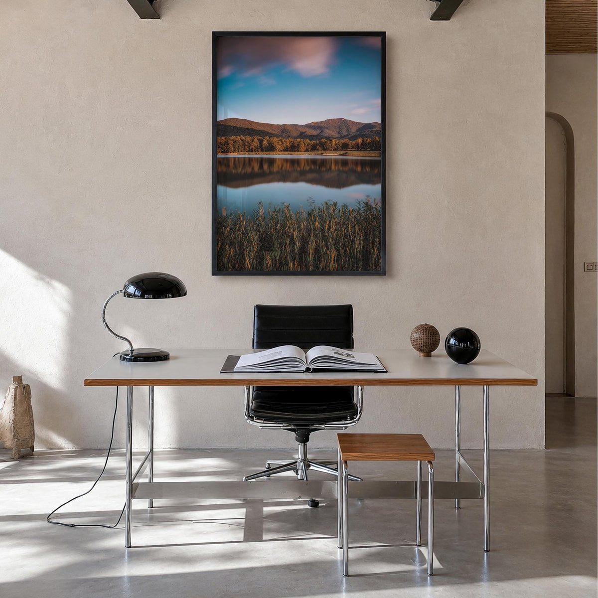 Lake Arrowhead no. 1 colorful photo poster of California, USA – vertical wall art in black wood frame, hanging on wall