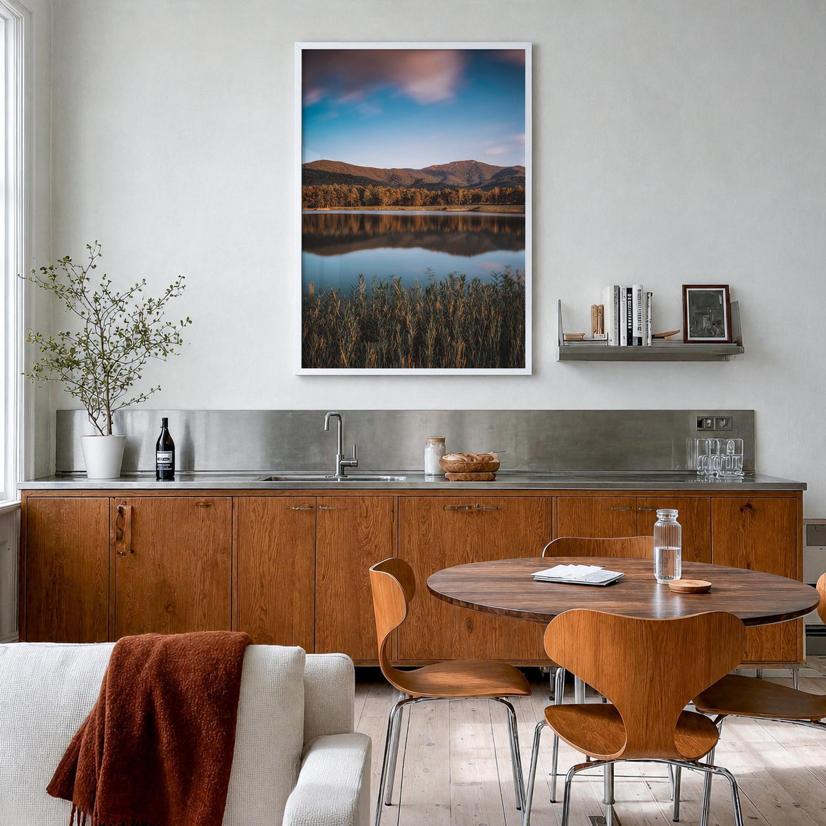 Lake Arrowhead no. 1 colorful photo poster of California, USA – vertical wall art in white wood frame, hanging on wall