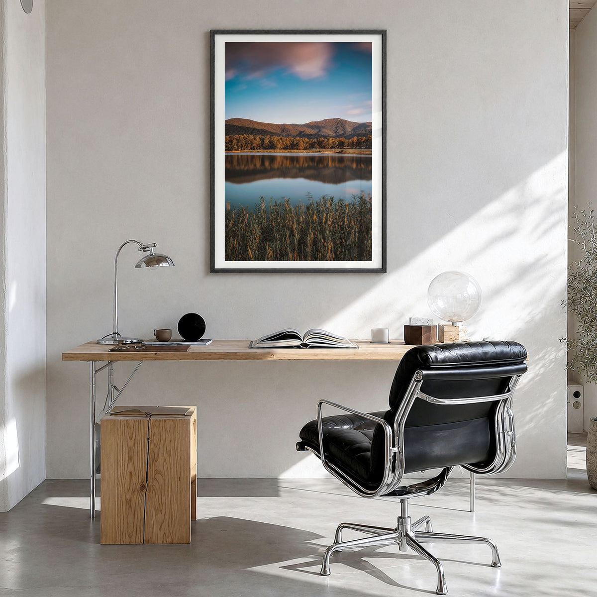 Lake Arrowhead Photo No 1 Poster in a black wood frame, hanging in a bright home office, white border