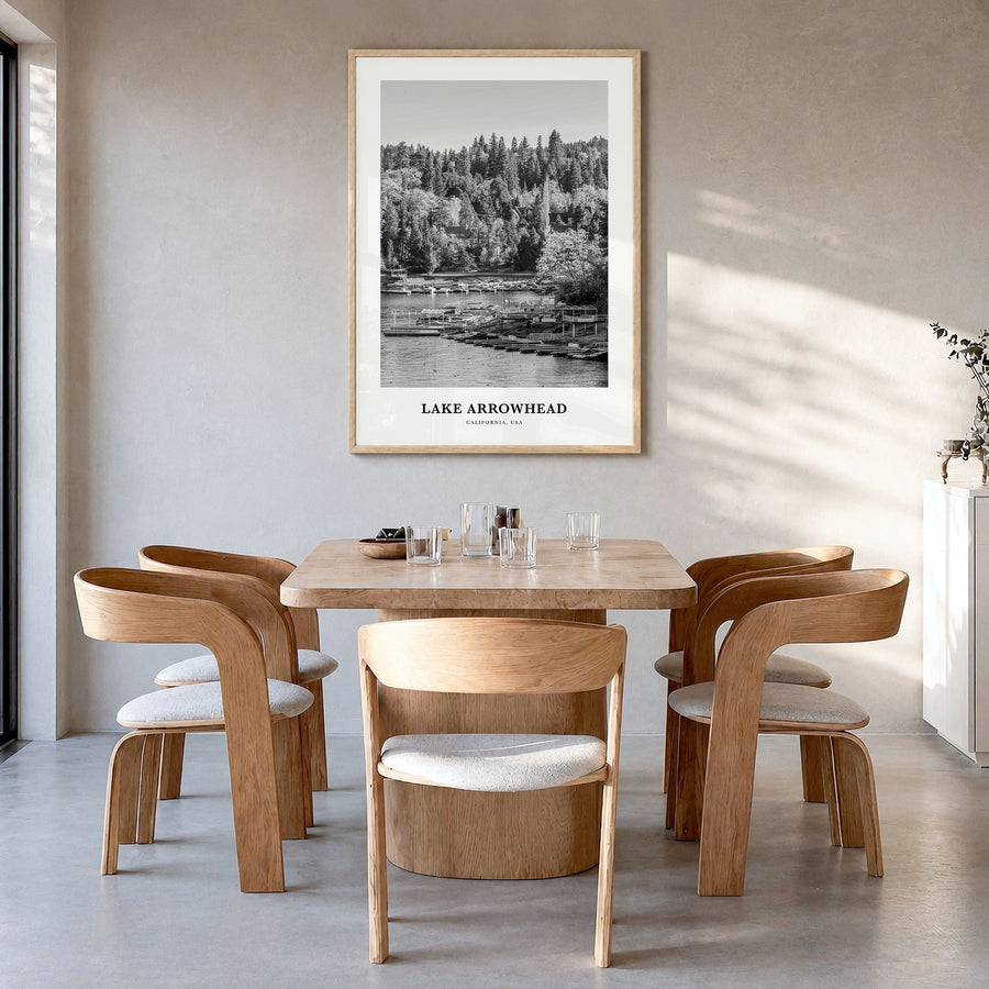 Lake Arrowhead Classic Poster in a natural wood frame, hanging in a dining room