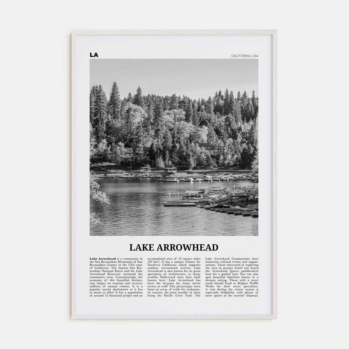 Lake Arrowhead Poster White Wood / 8x12 in Nbourhood Travel B&W Poster