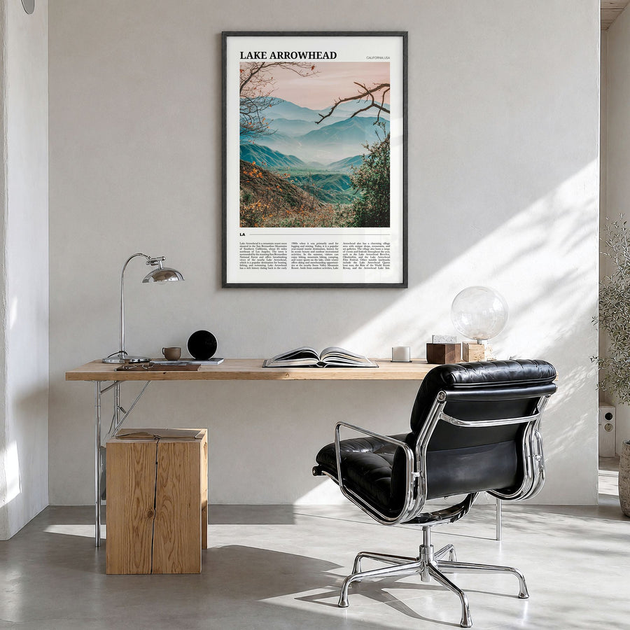 Lake Arrowhead Travel Poster in a black wood frame, hanging in a bright home office