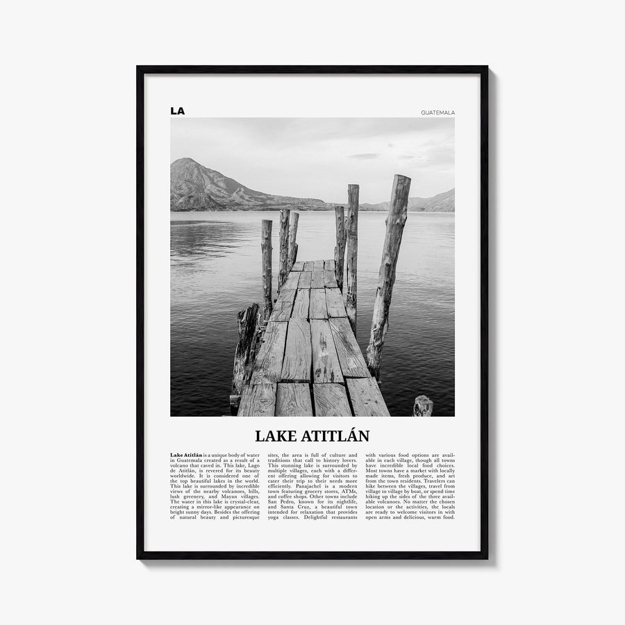 Lake Atitlán black & white newspaper poster of Guatemala – vertical wall art, unframed print shown in interior mockup