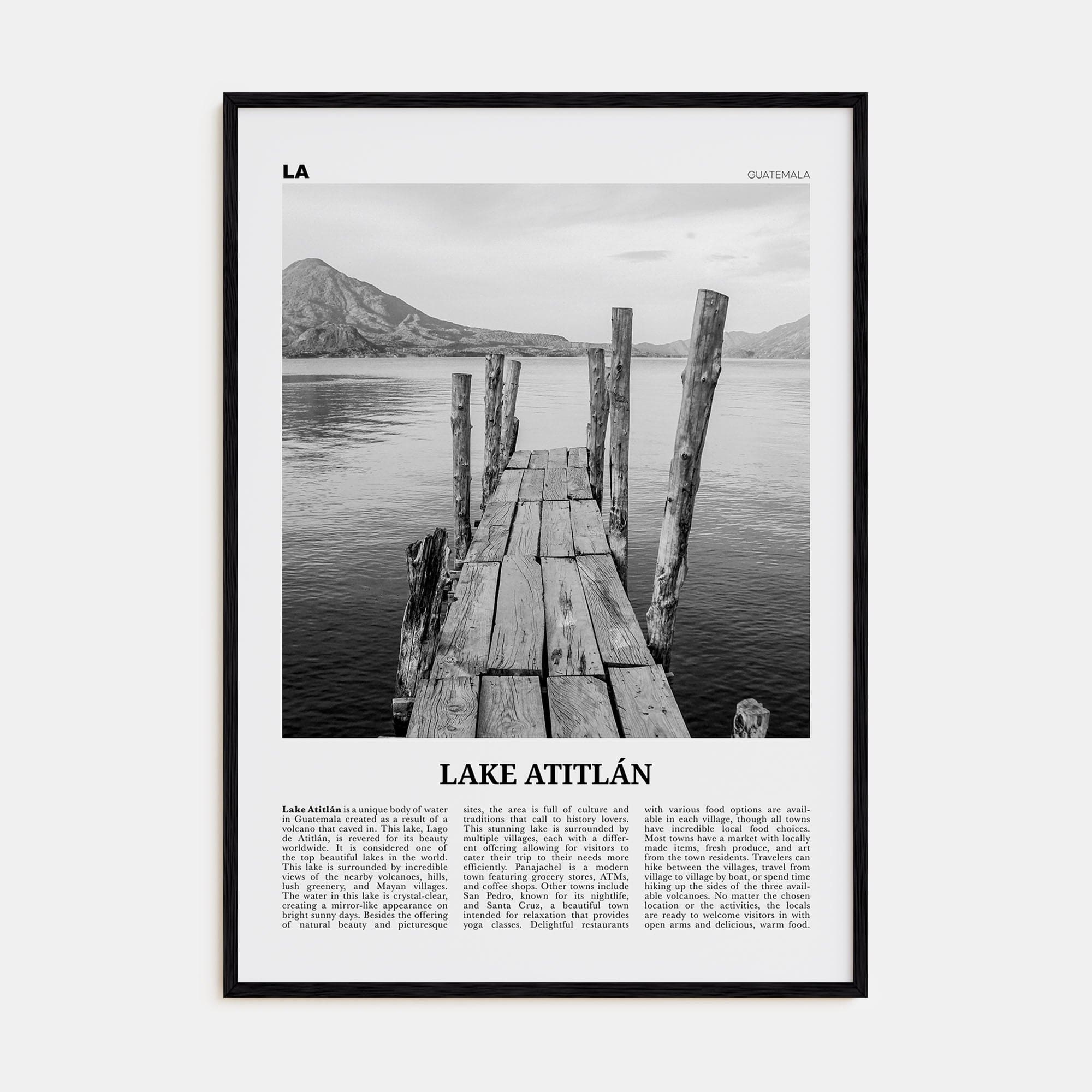 Lake Atitlán Poster Black Wood / 8x12 in Nbourhood Travel B&W Poster