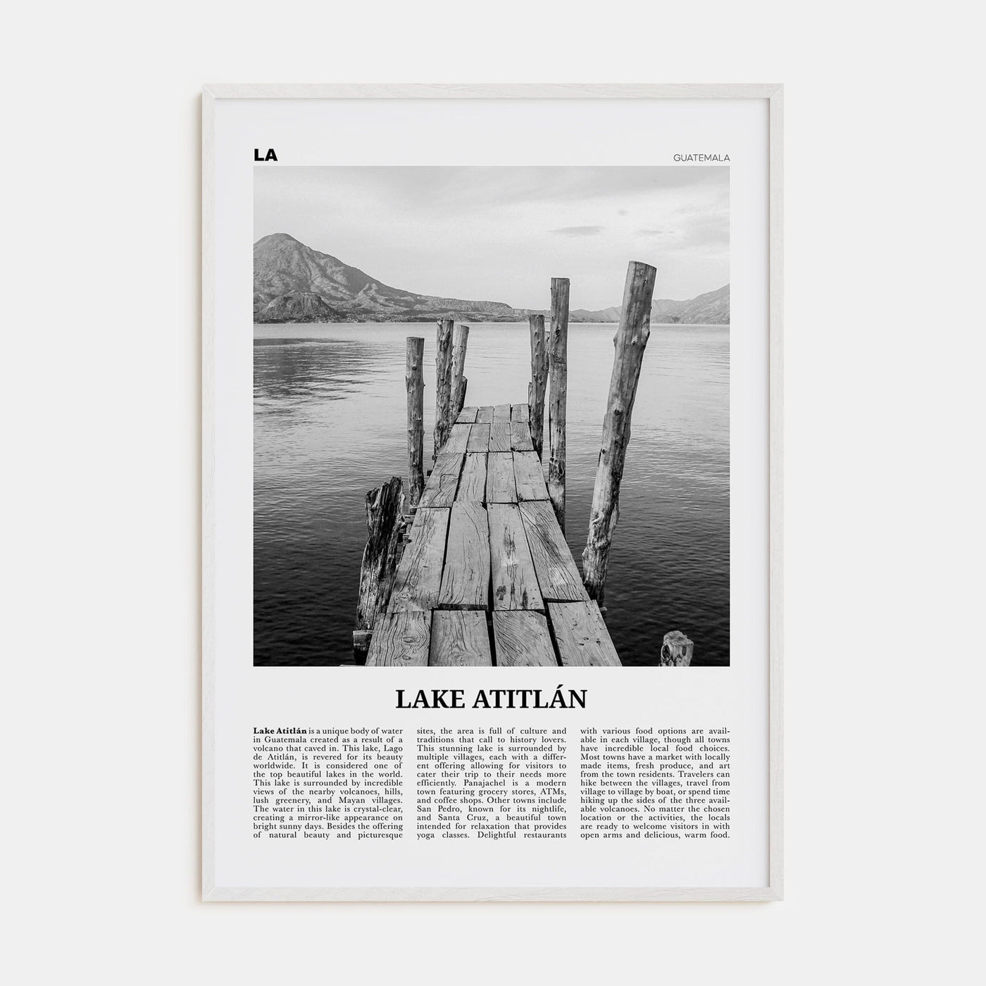 Lake Atitlán Poster White Wood / 8x12 in Nbourhood Travel B&W Poster