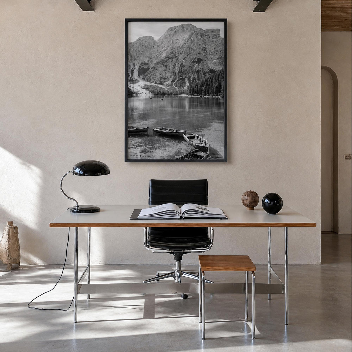 Lake Braies black & white photo poster of Italy – vertical wall art in black wood frame, hanging on wall