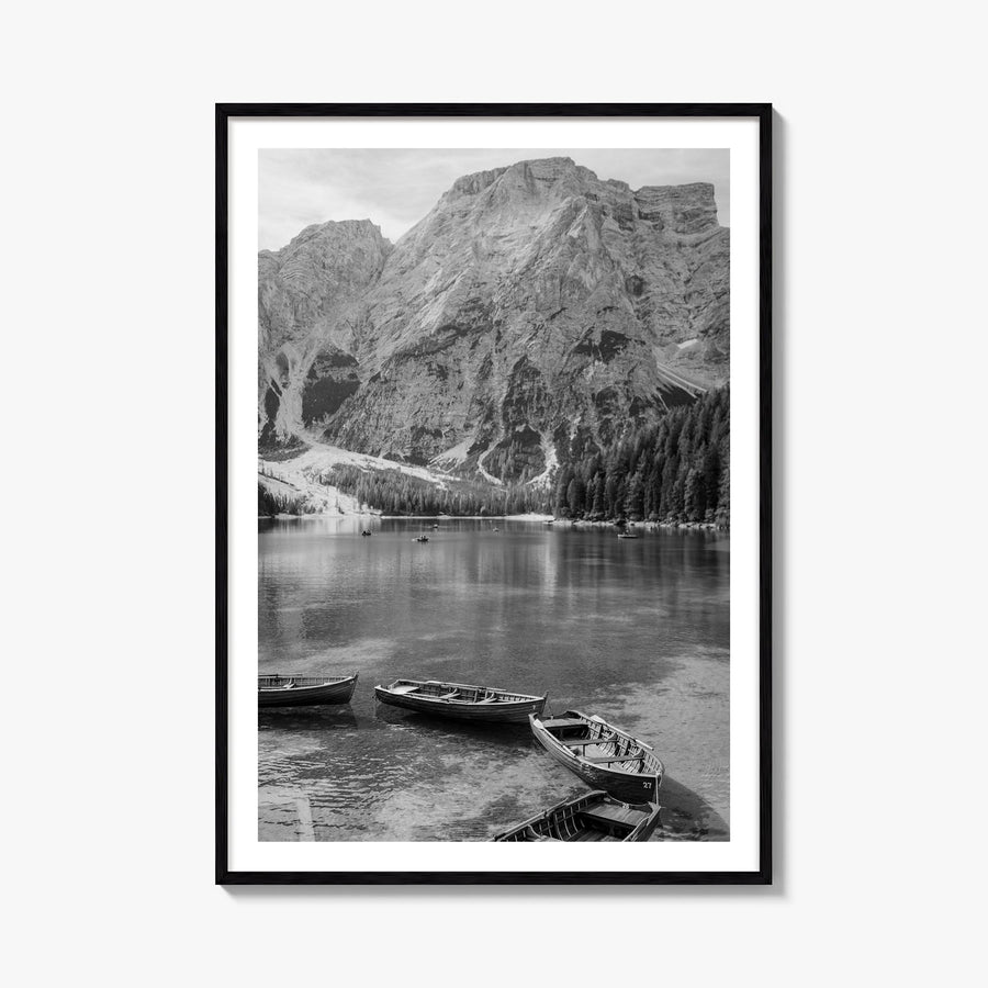Lake Braies black & white photo poster of Italy – vertical wall art, unframed print shown in interior mockup