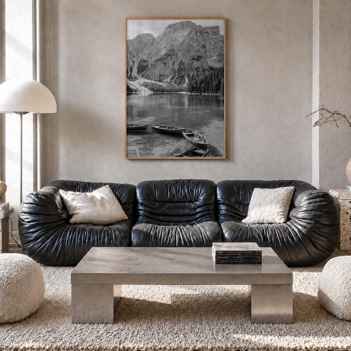 Lake Braies black & white photo poster of Italy – vertical wall art in natural wood frame, hanging on wall