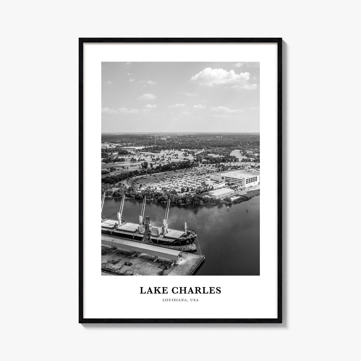 Lake Charles black & white classic poster of Louisiana, USA – vertical wall art, unframed print shown in interior mockup
