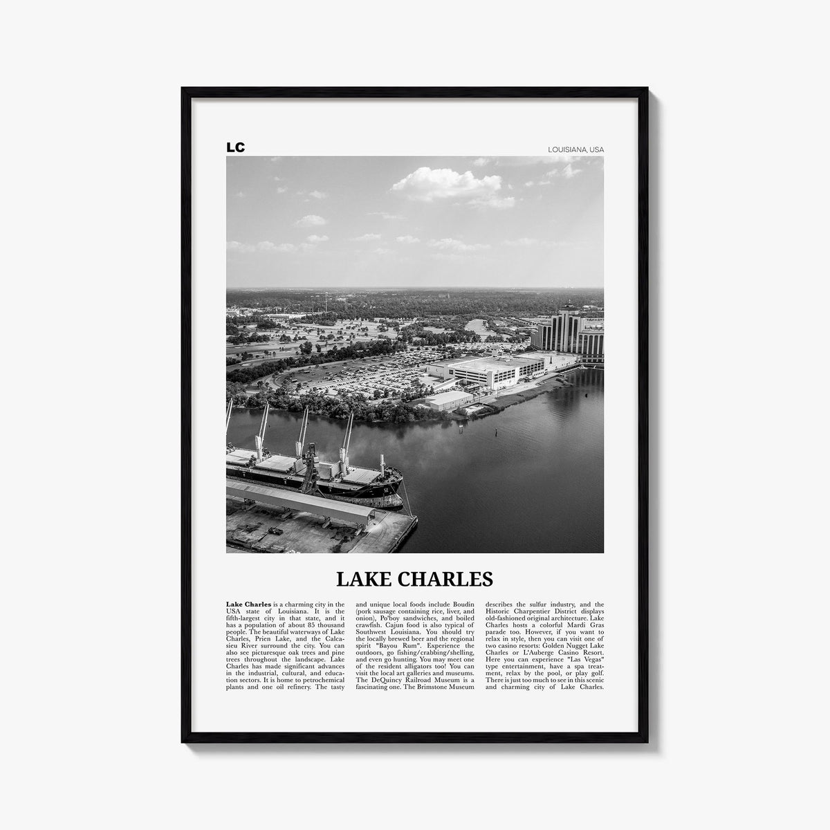Lake Charles black & white newspaper poster of Louisiana, USA – vertical wall art, unframed print shown in interior mockup