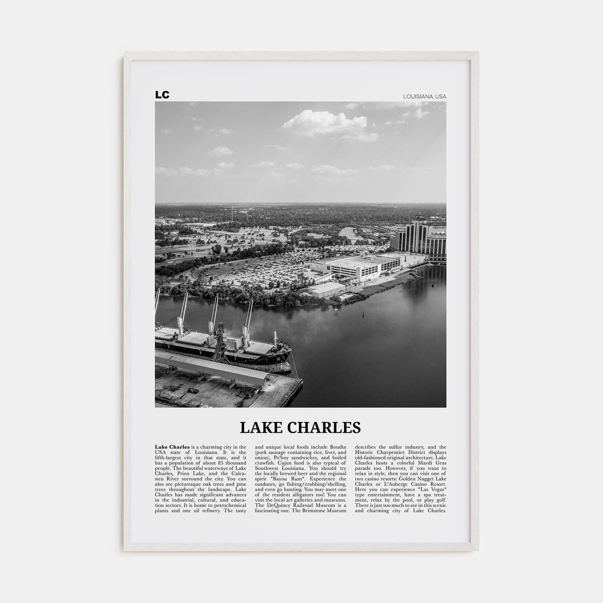 Lake Charles Poster White Wood / 8x12 in Nbourhood Travel B&W Poster