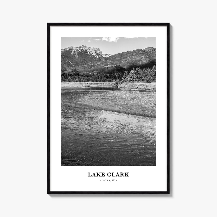 Lake Clark National Park black & white classic poster of Alaska, USA – vertical wall art, unframed print shown in interior mo