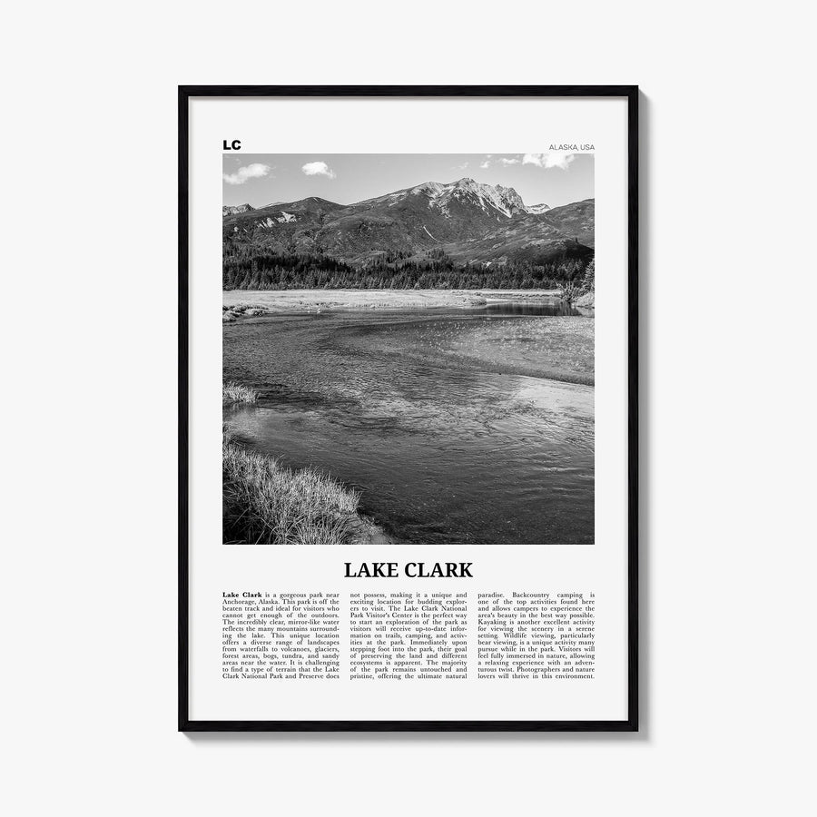 Lake Clark National Park black & white newspaper poster of Alaska, USA – vertical wall art, unframed print shown in interior 