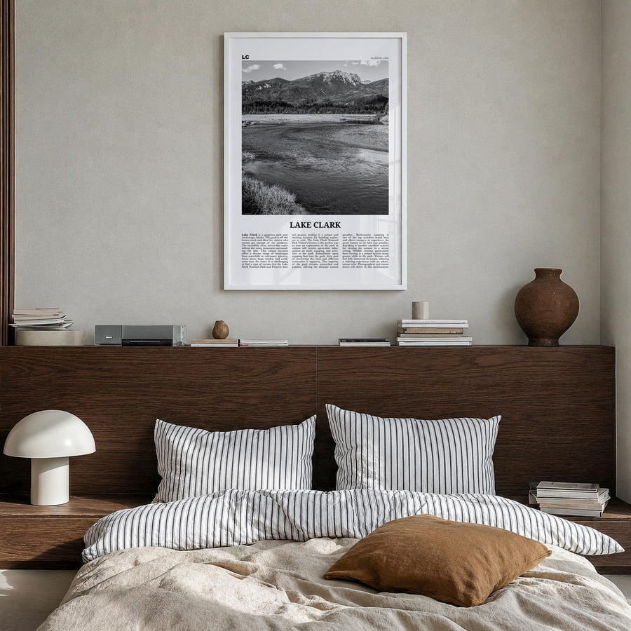Lake Clark National Park black & white newspaper poster of Alaska, USA – vertical wall art in white wood frame, hanging on wa