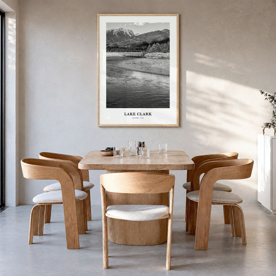 Lake Clark National Park Classic Poster in a natural wood frame, hanging in a dining room