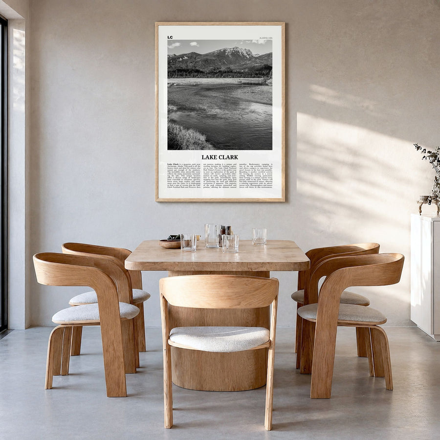 Lake Clark National Park Newspaper Poster in a natural wood frame, hanging in a dining room