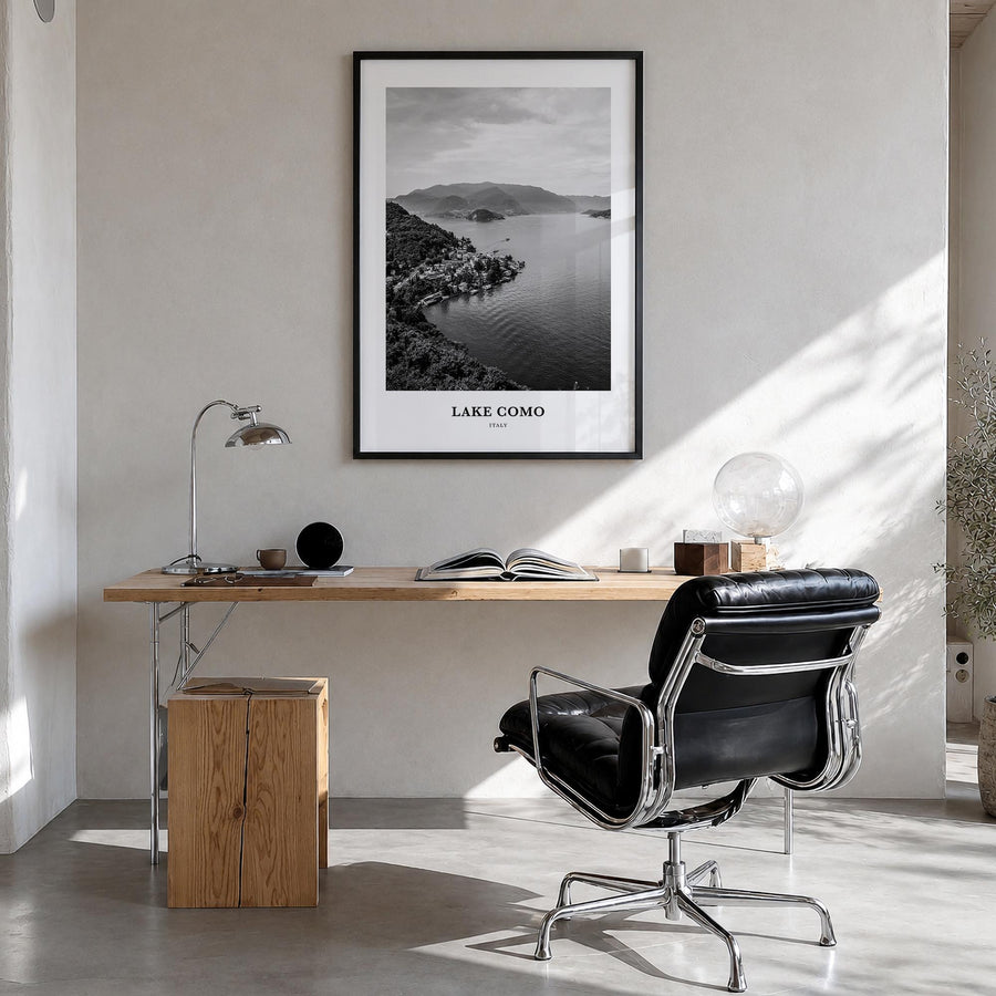 Lake Como black & white classic poster of Italy – vertical wall art in black wood frame, hanging on wall