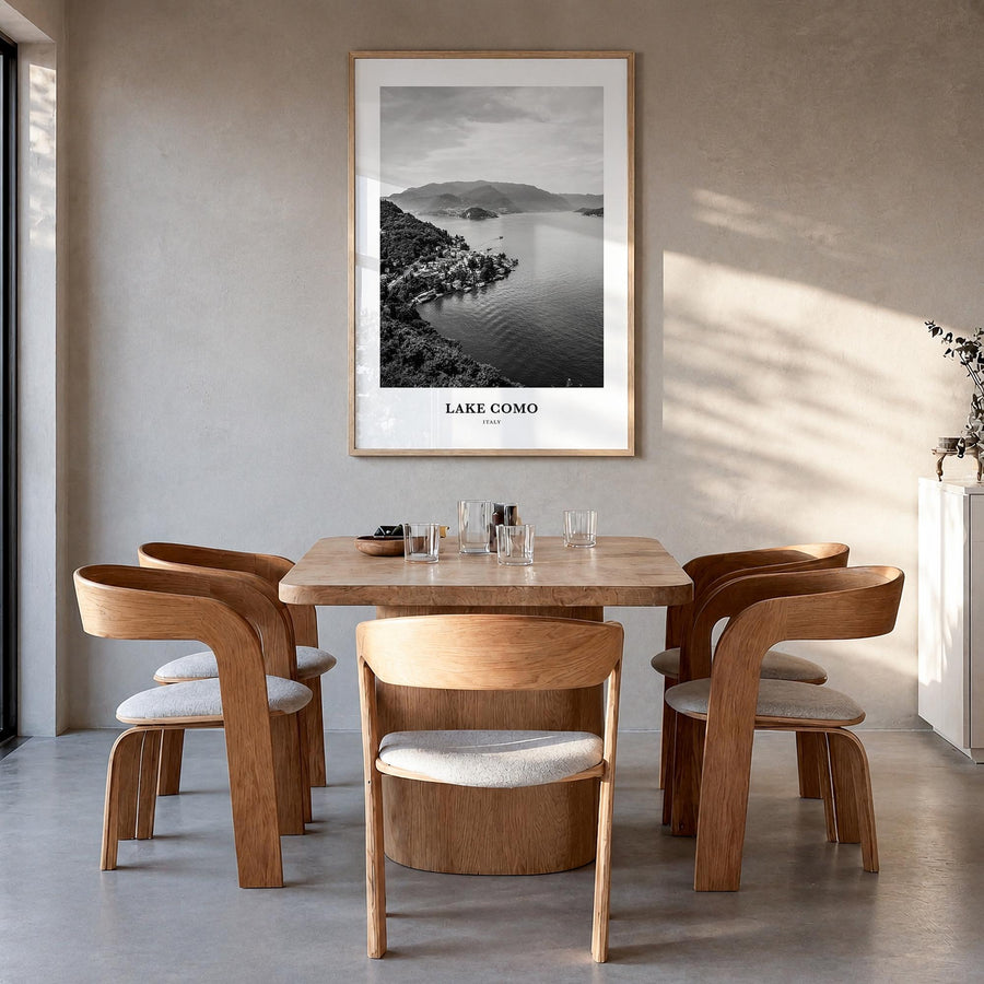 Lake Como black & white classic poster of Italy – vertical wall art in natural wood frame, hanging on wall