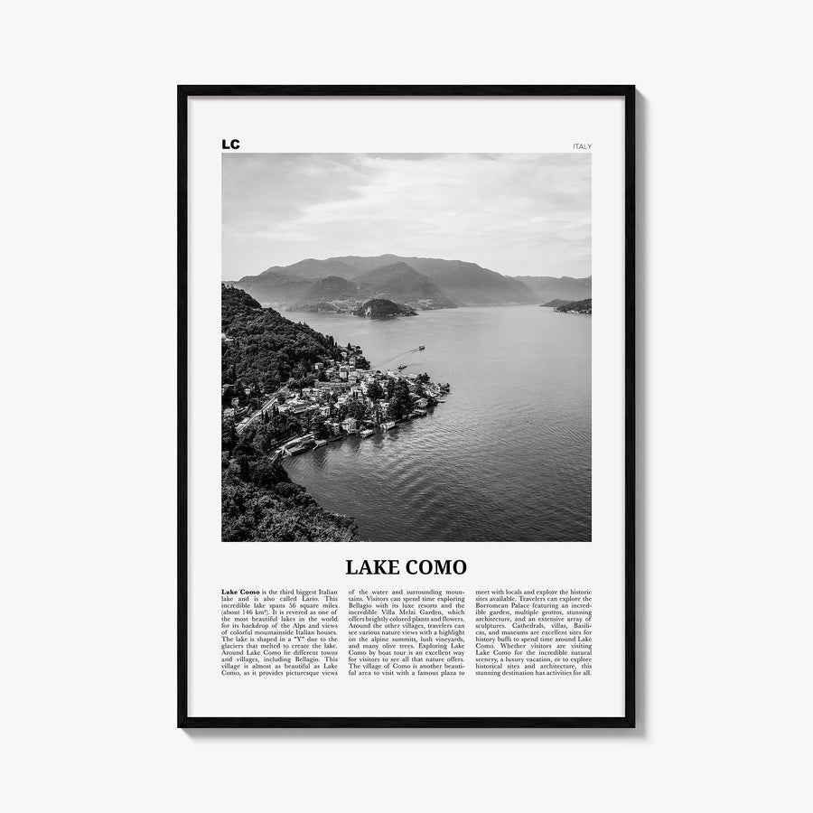 Lake Como black & white newspaper poster of Italy – vertical wall art, unframed print shown in interior mockup