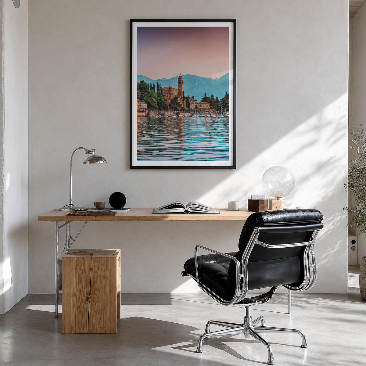 Lake Como no. 2 colorful photo poster of Italy – vertical wall art in black wood frame with white border, hanging on wall