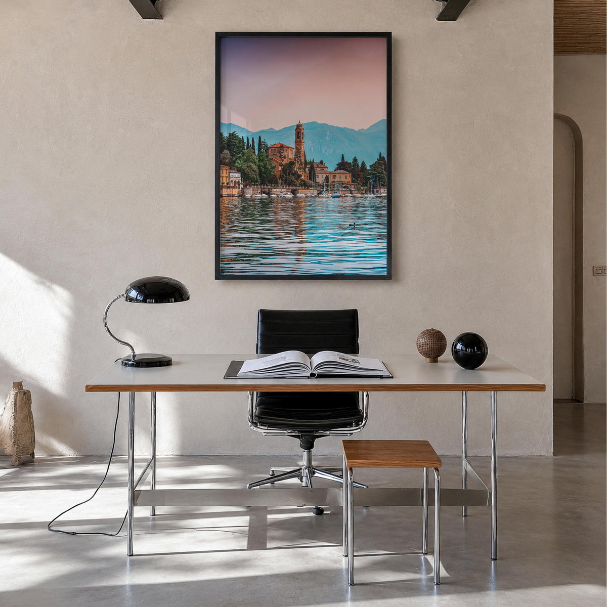 Lake Como no. 2 colorful photo poster of Italy – vertical wall art in black wood frame, hanging on wall