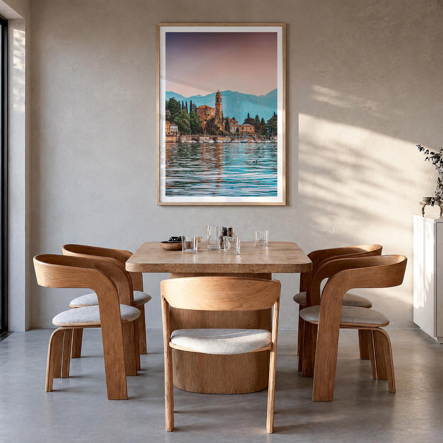 Lake Como no. 2 colorful photo poster of Italy – vertical wall art in natural wood frame with white border, hanging on wall