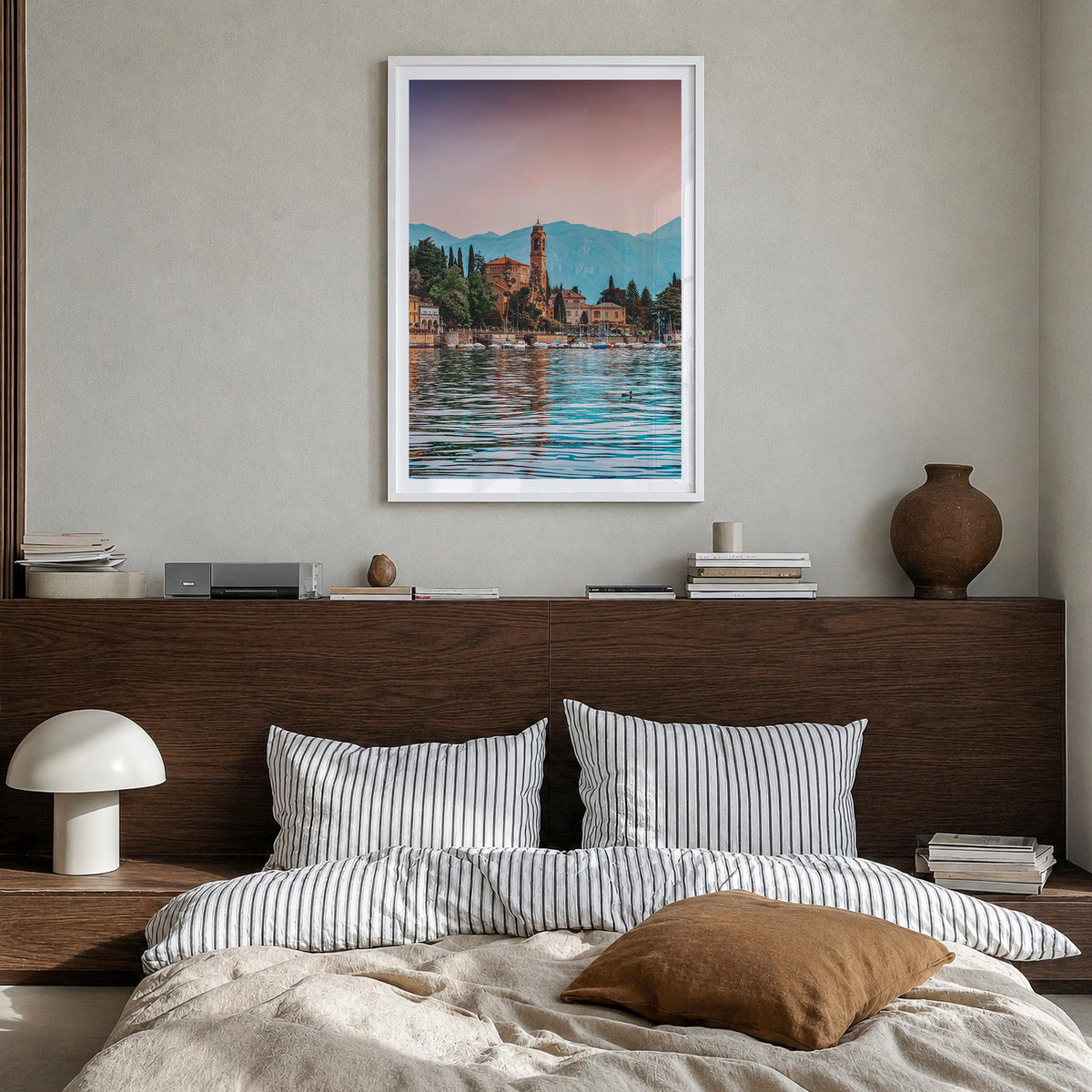 Lake Como no. 2 colorful photo poster of Italy – vertical wall art in white wood frame with white border, hanging on wall