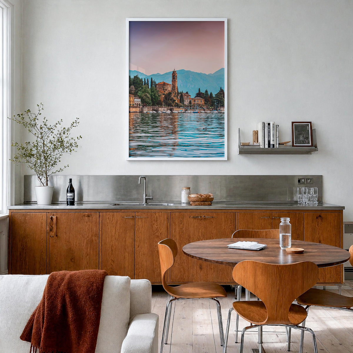 Lake Como no. 2 colorful photo poster of Italy – vertical wall art in white wood frame, hanging on wall