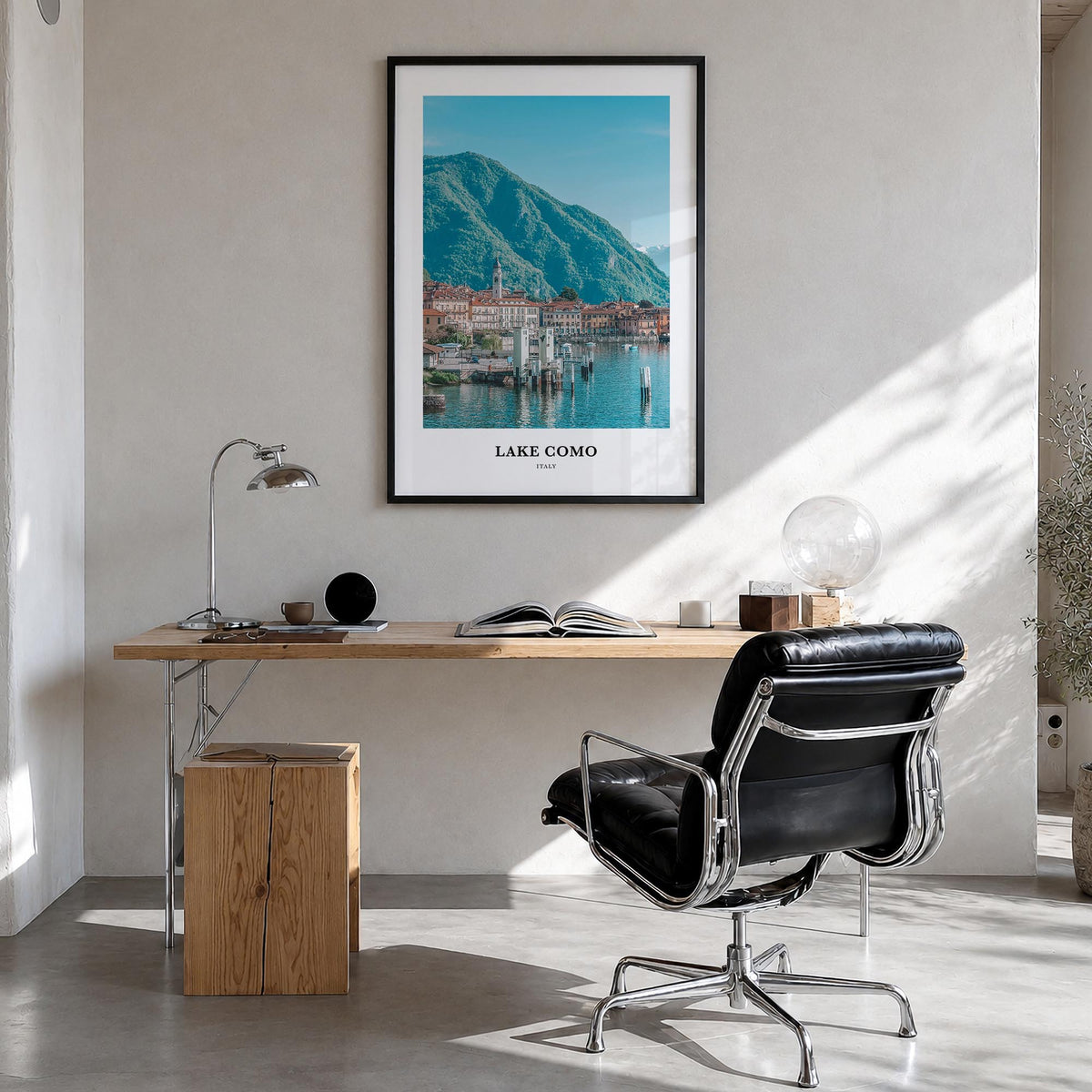 Lake Como no. 2 colorful classic poster of Italy – vertical wall art in black wood frame, hanging on wall