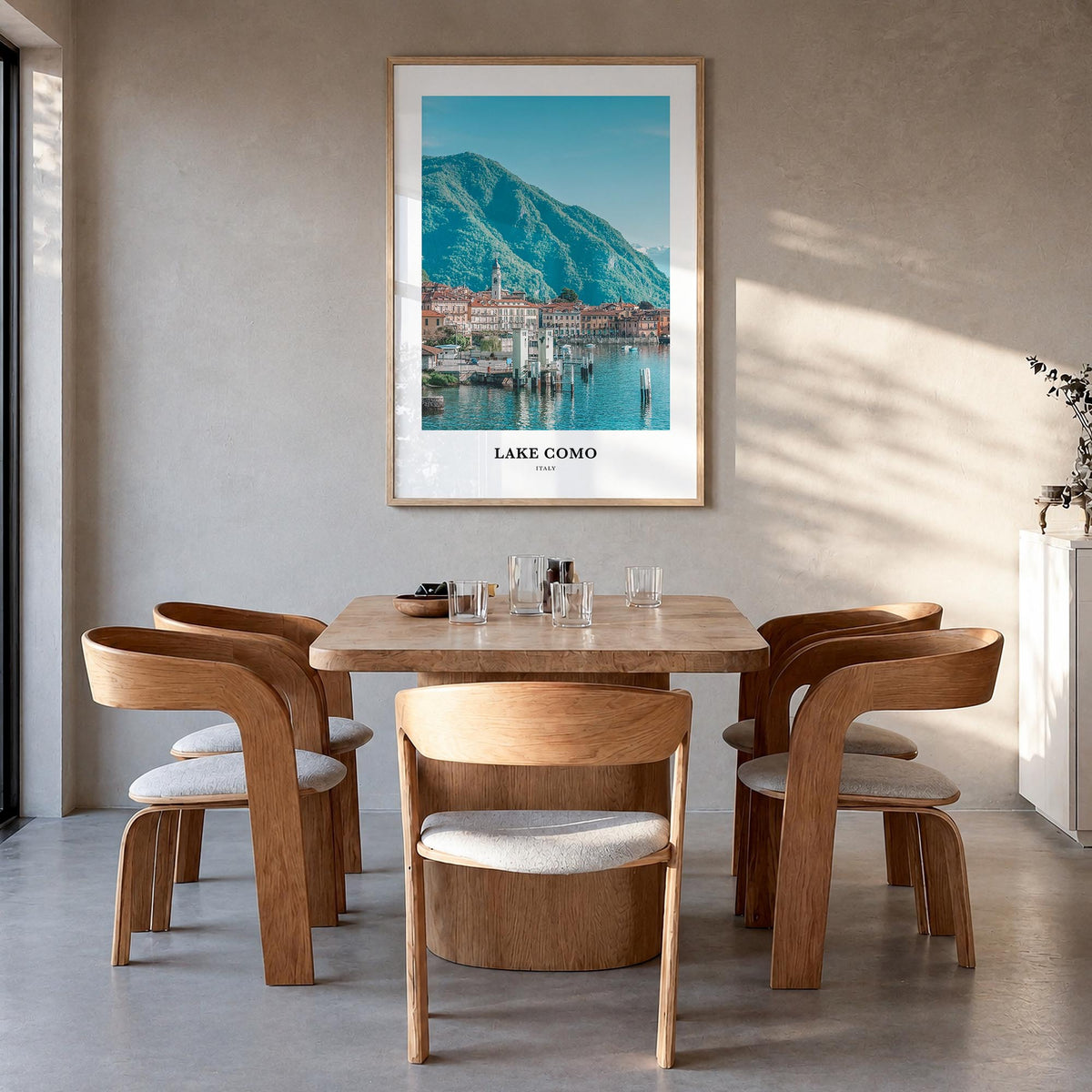 Lake Como no. 2 colorful classic poster of Italy – vertical wall art in natural wood frame, hanging on wall