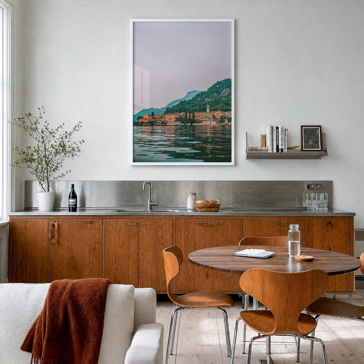 Lake Como no. 3 colorful photo poster of Italy – vertical wall art in white wood frame, hanging on wall