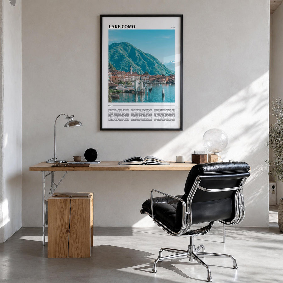 Lake Como no. 2 colorful travel poster of Italy – vertical wall art in black wood frame, hanging on wall