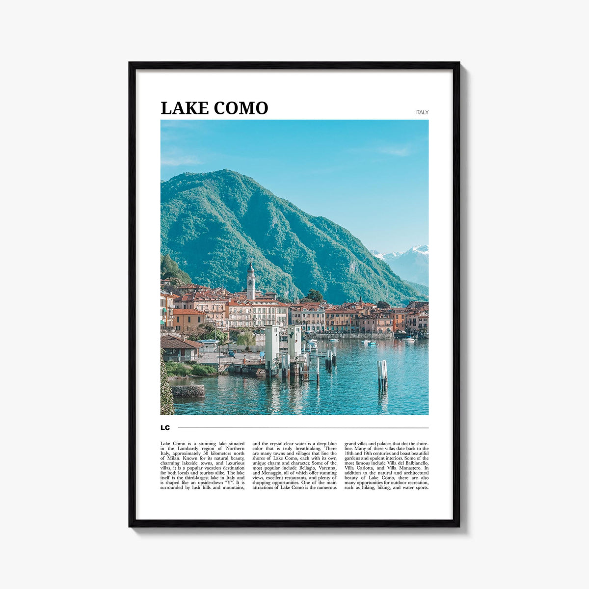 Lake Como no. 2 colorful travel poster of Italy – vertical wall art, unframed print shown in interior mockup