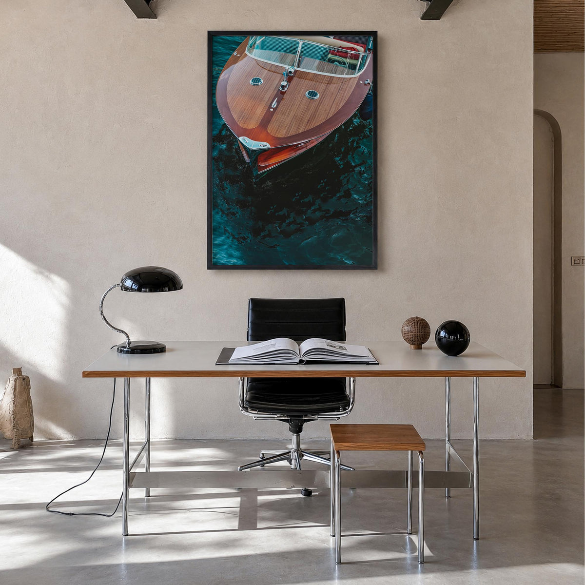 Lake Como no. 6 colorful photo poster – vertical wall art in black wood frame, hanging on wall