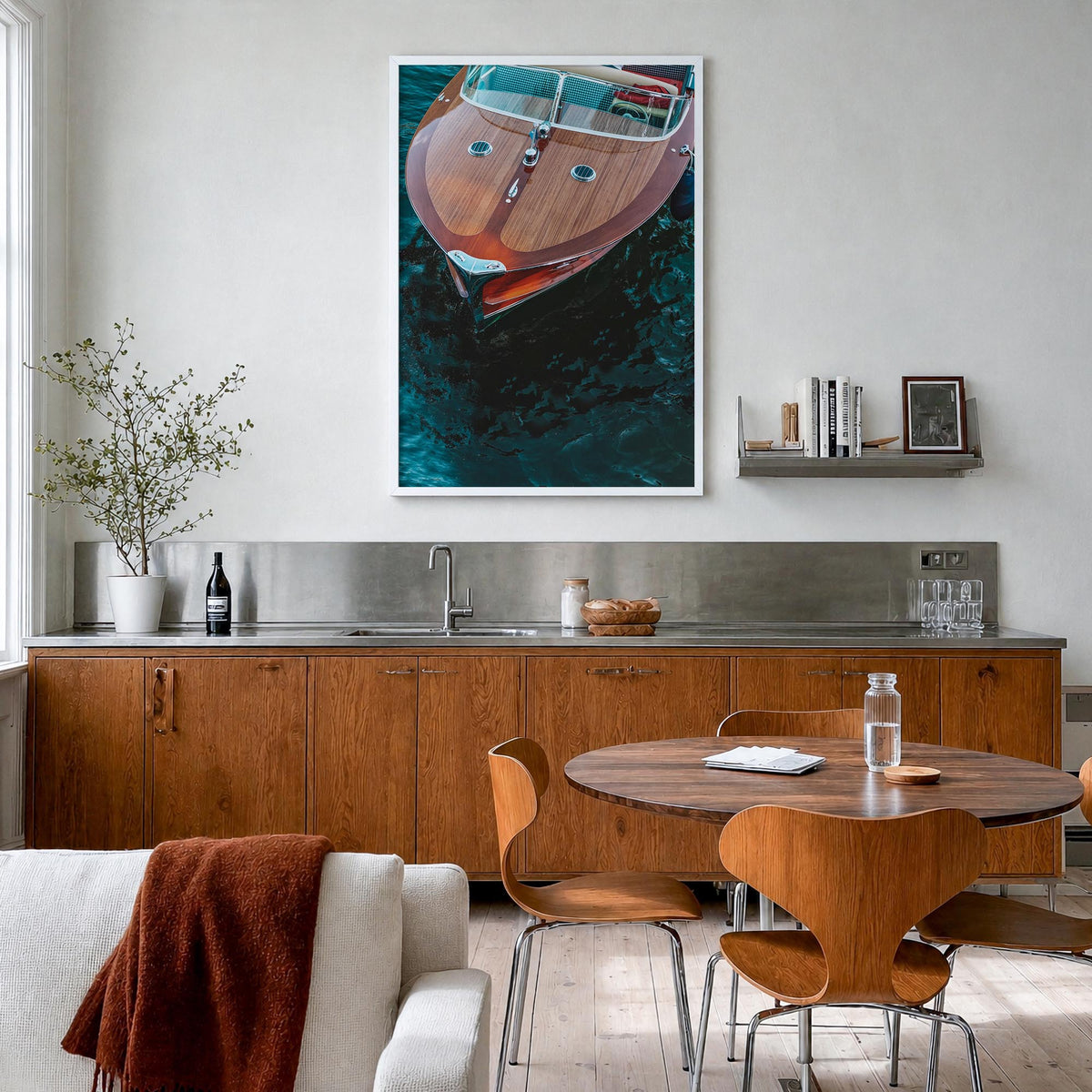 Lake Como no. 6 colorful photo poster – vertical wall art in white wood frame, hanging on wall