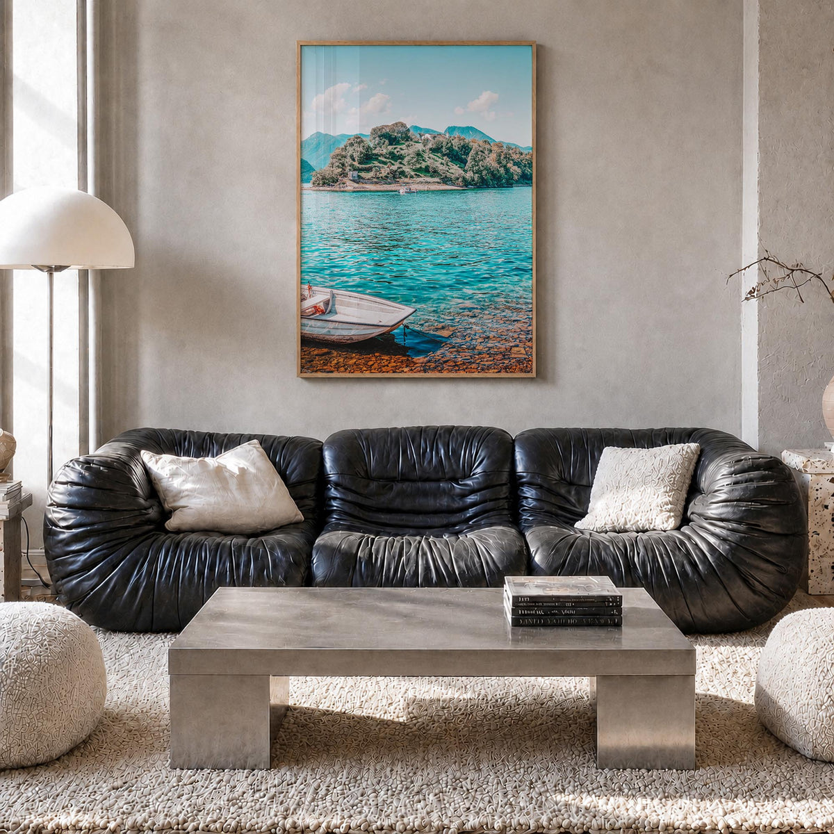 Lake Como no. 4 colorful photo poster of Italy – vertical wall art in natural wood frame, hanging on wall