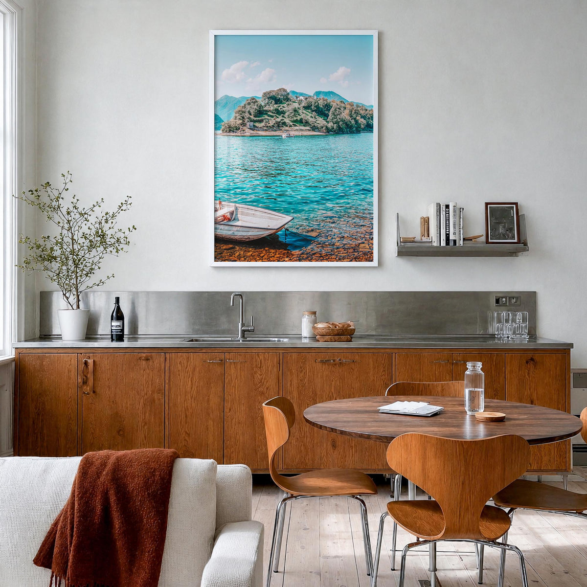 Lake Como no. 4 colorful photo poster of Italy – vertical wall art in white wood frame, hanging on wall