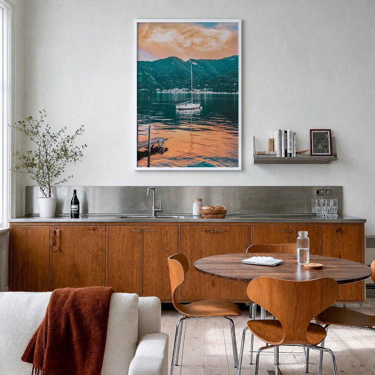 Lake Como no. 5 colorful photo poster of Italy – vertical wall art in white wood frame, hanging on wall