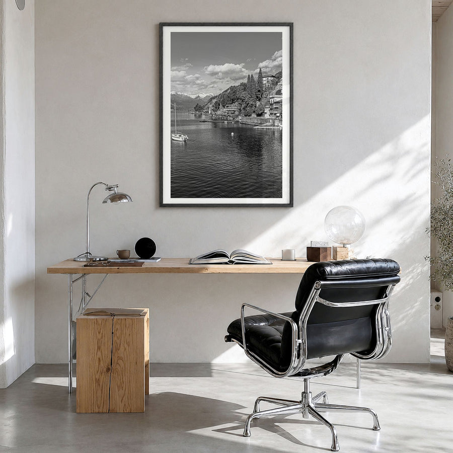 Lake Como Photo No 2 Poster in a black wood frame, hanging in a bright home office, white border