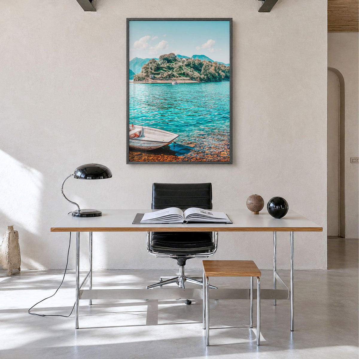 Lake Como Photo No 3 Poster in a black wood frame, hanging in a minimalist home office, full image (no border)