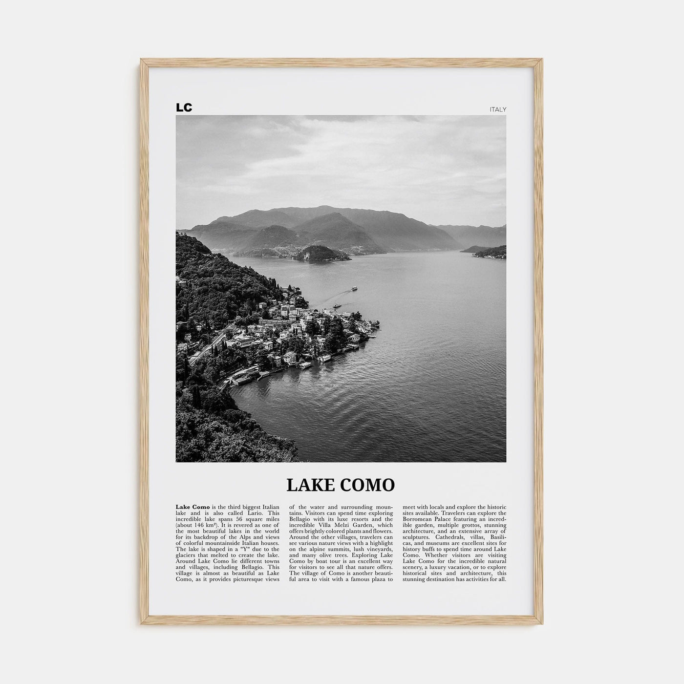 Lake Como Poster Natural Wood / 8x12 in Nbourhood Travel B&W Poster