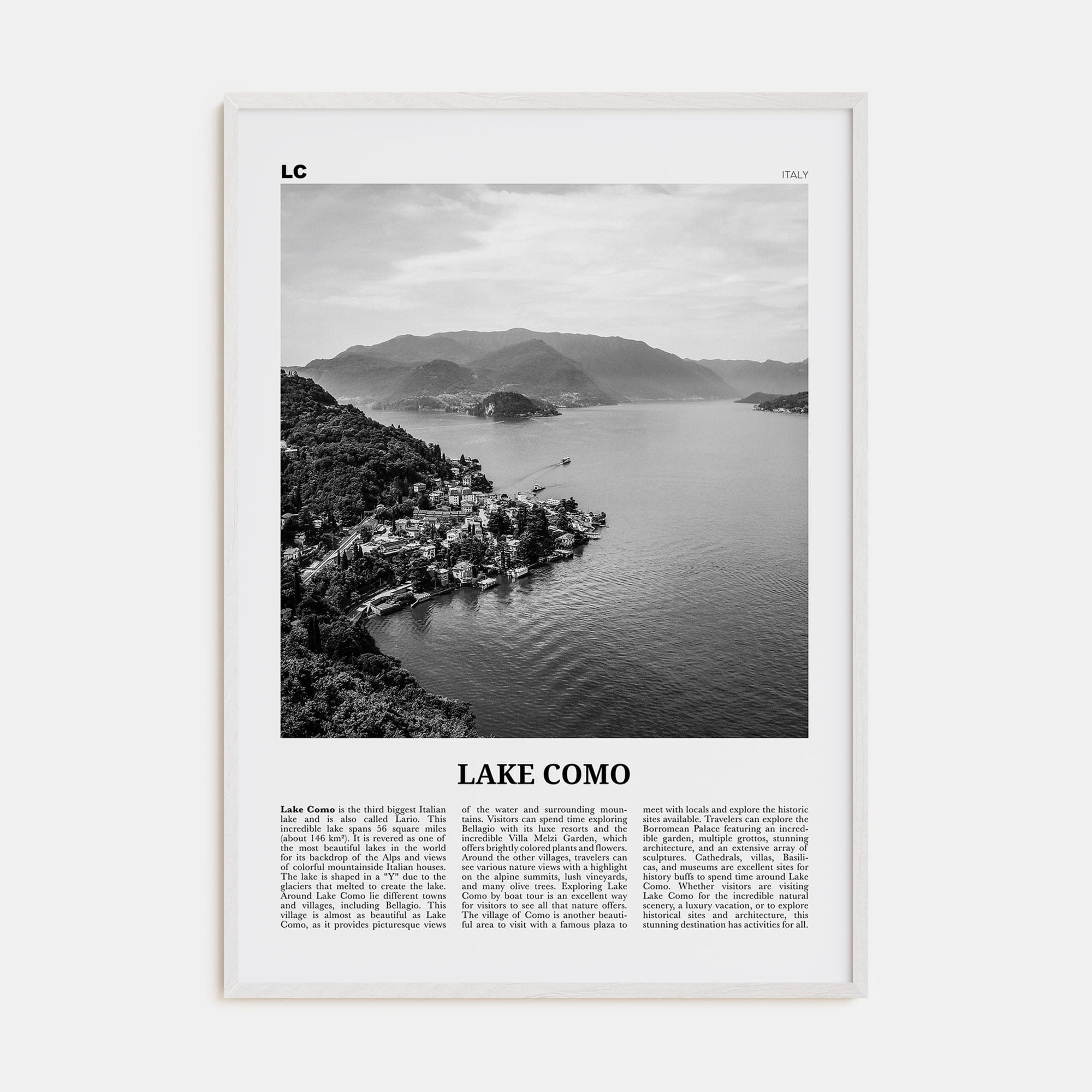 Lake Como Poster White Wood / 8x12 in Nbourhood Travel B&W Poster